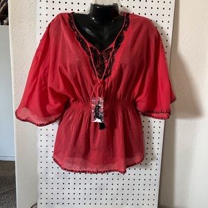 Sheer Salmon-Reddish Prairie Boho Crochet Drawstring Top NWT